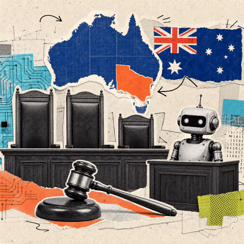 Three empty judges' chairs behind a wooden bench with a gavel in front of it, a small robot sitting in the witness stand on the right; above them the outline of Australia with South Australia highlighted in orange next to an Australian flag.