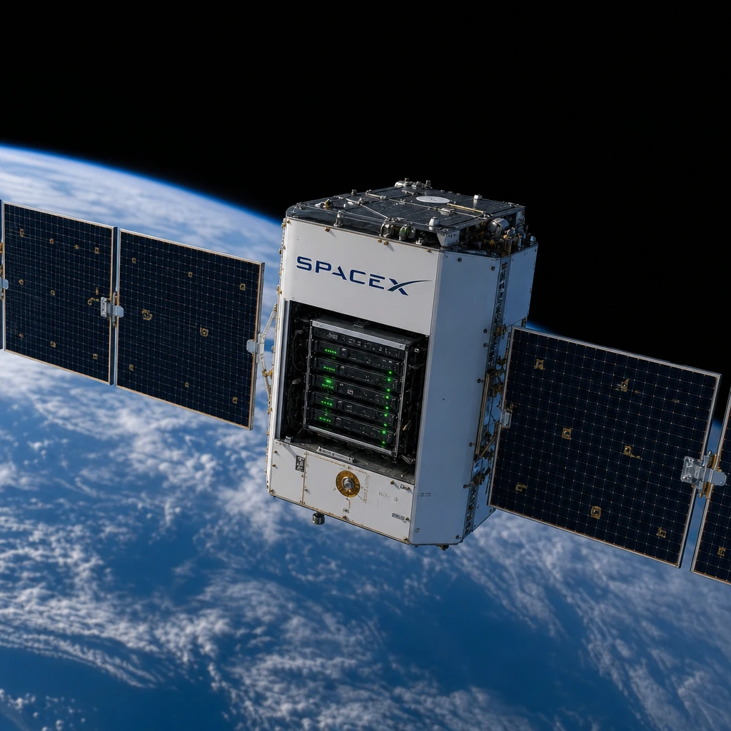 Satellite with solar panels and a server module in Earth orbit above the blue planet, SpaceX logo visible.