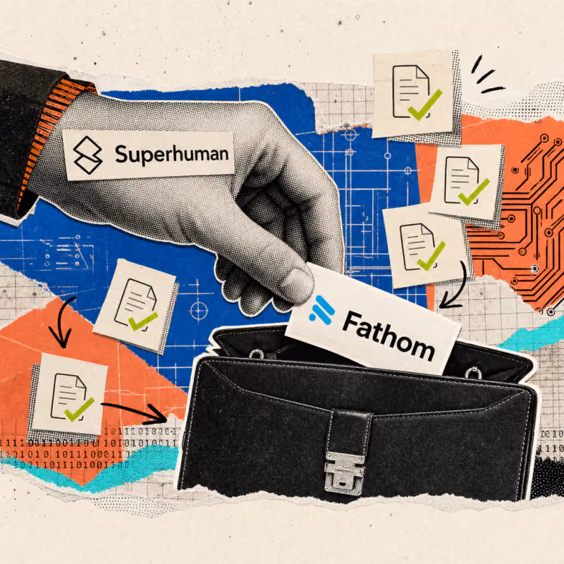A hand with the Superhuman logo places a sticker with the Fathom logo into a briefcase, surrounded by sticky notes with checkmarks.