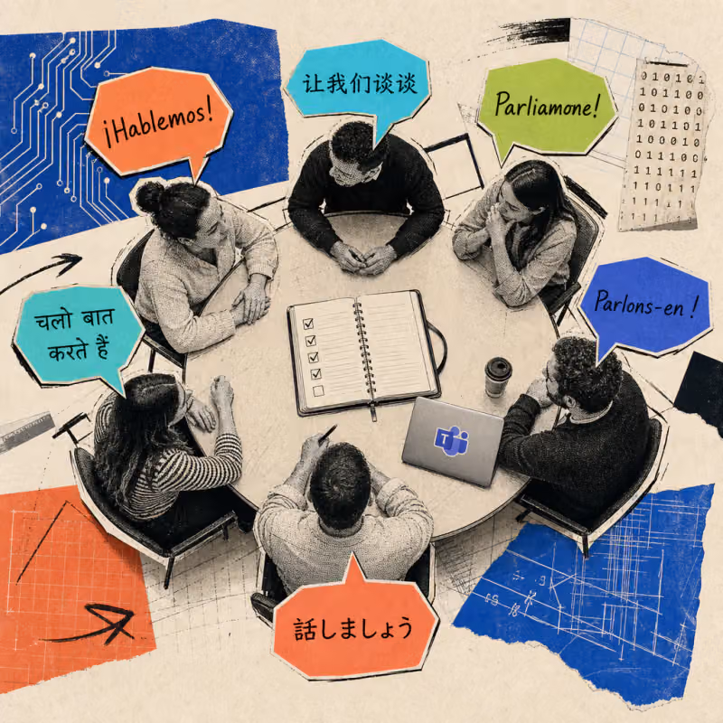 Several people are sitting at a round meeting table, speech bubbles in different languages are floating above their heads, in the center of the table lies an open minutes notebook, a laptop has a Microsoft Teams sticker.