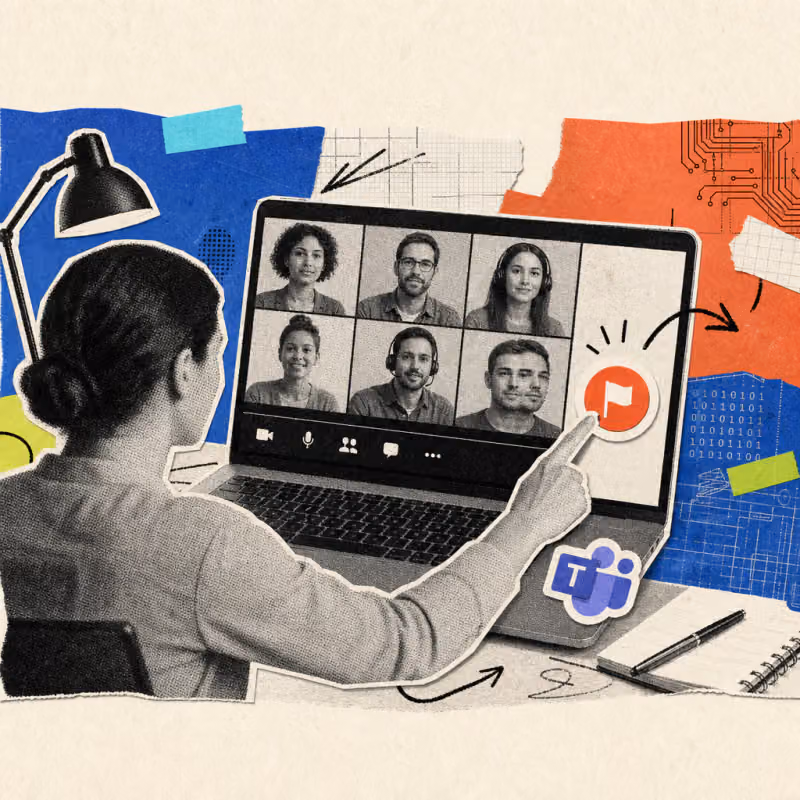 A hand presses a red report button next to a laptop screen showing a video call, where one participant tile shows a doubled, distorted face; a Microsoft Teams logo sticker is on the laptop lid.