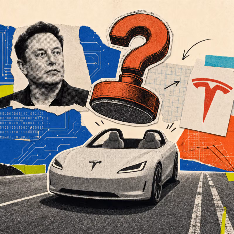 A two-seat Cybercab with no steering wheel and a Tesla logo sticker stands on a street under a floating question-mark-shaped inspection stamp.