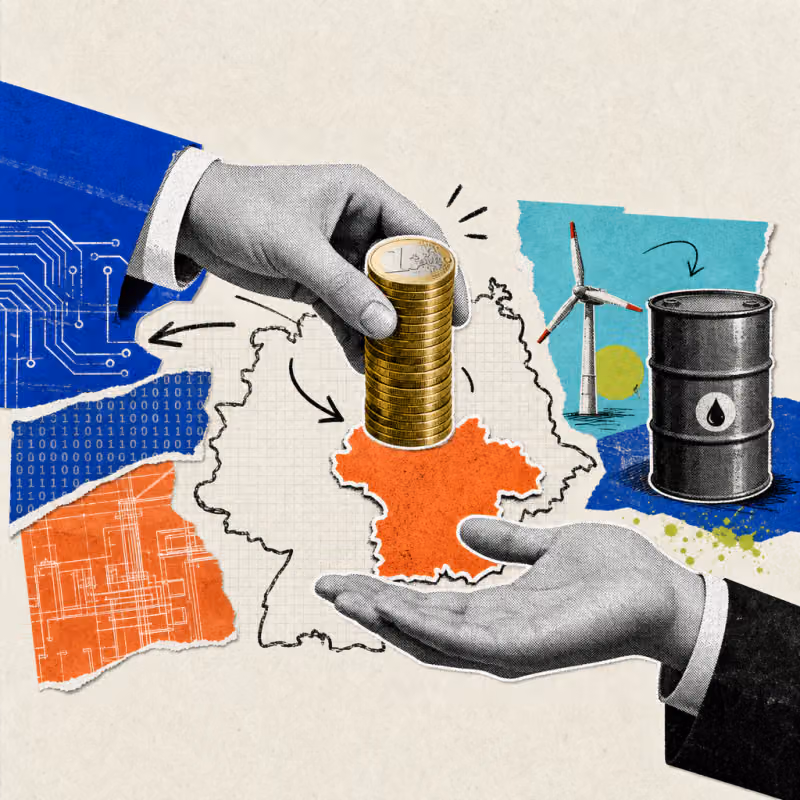 A hand hands a gold-colored server tower made of euro coins across the outline of Germany's map, with a wind turbine and an oil barrel in the background representing energy and industrial projects.