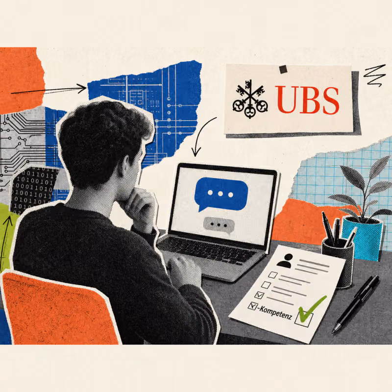 A candidate sits in front of a laptop with a chat speech bubble on the screen, next to it lies an application form with a checkmark next to 'AI skills', in the background a UBS logo sticker hangs on the wall.