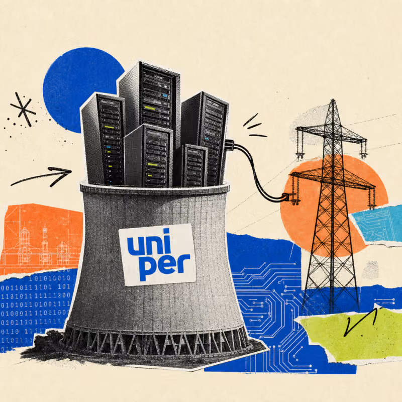 A cooling tower with a Uniper logo sticker releases server racks instead of steam from its opening, next to it a power pylon with a direct cable connection to the servers