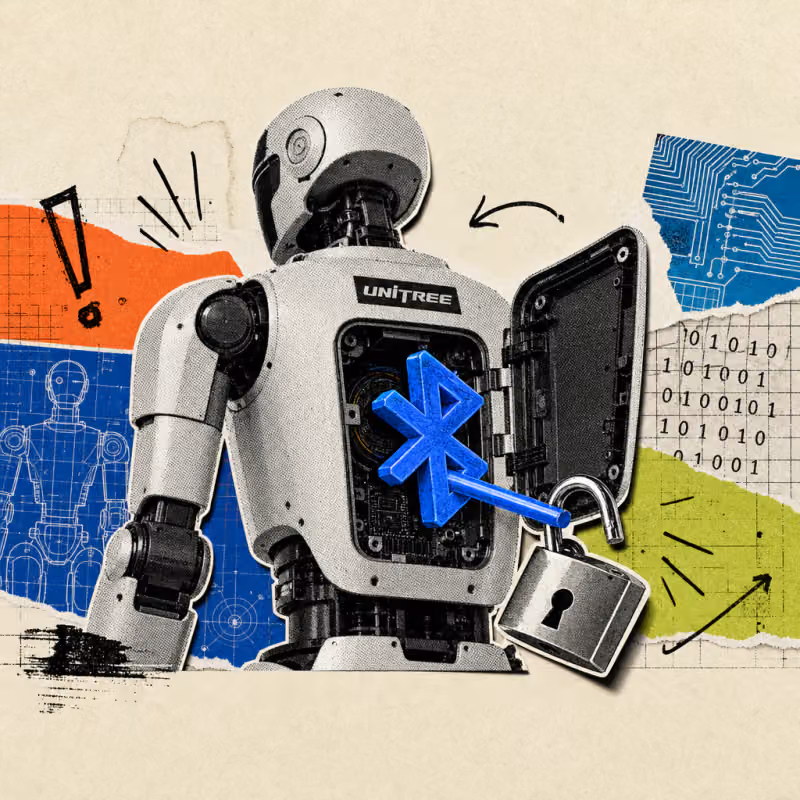 A humanoid Unitree G1 robot with a logo sticker on its chest and a wide-open back panel, from which a glowing blue Bluetooth-symbol key is inserted into an open, broken padlock.
