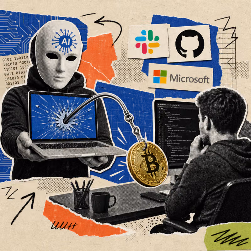 A mask with a printed AI symbol holds a laptop, from whose screen a fish hook pulls a crypto coin off a developer's desk.