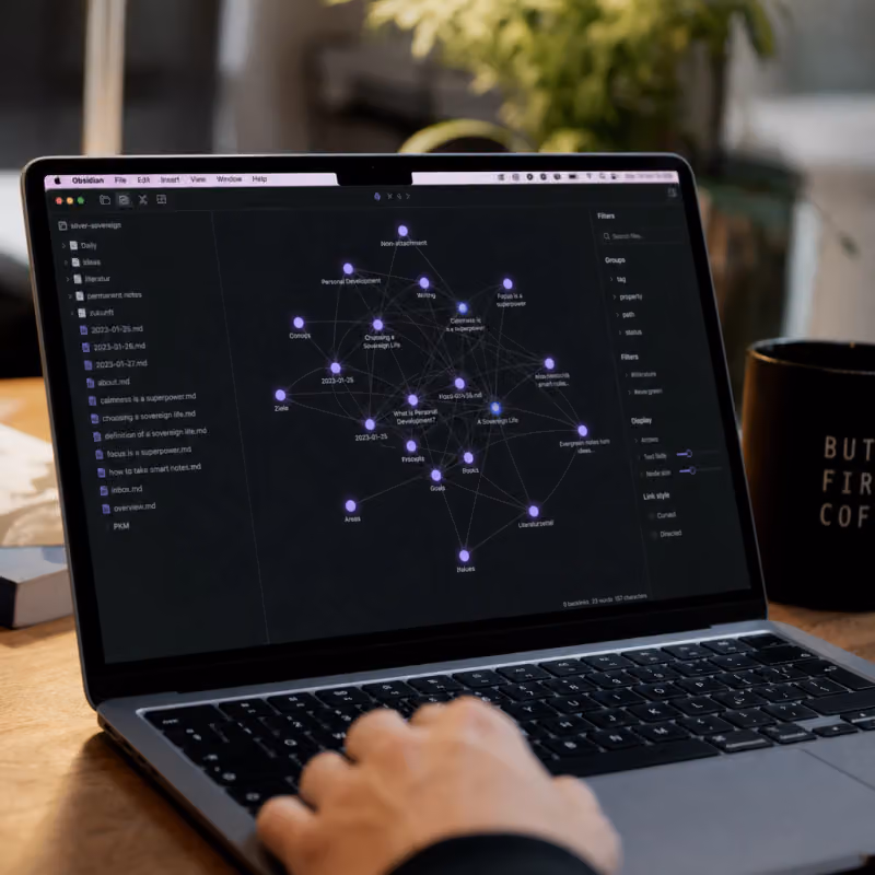 Connected graph view of the note-taking app Obsidian on a laptop screen at a desk