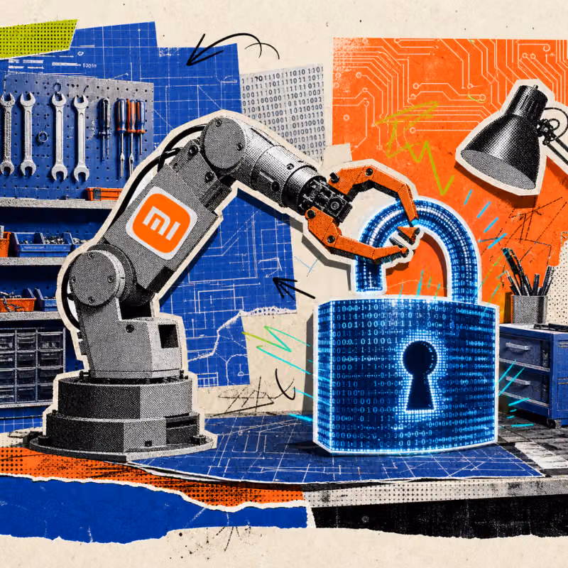 A robotic arm with a Xiaomi logo sticker opens a padlock made of glowing program code in a workshop.